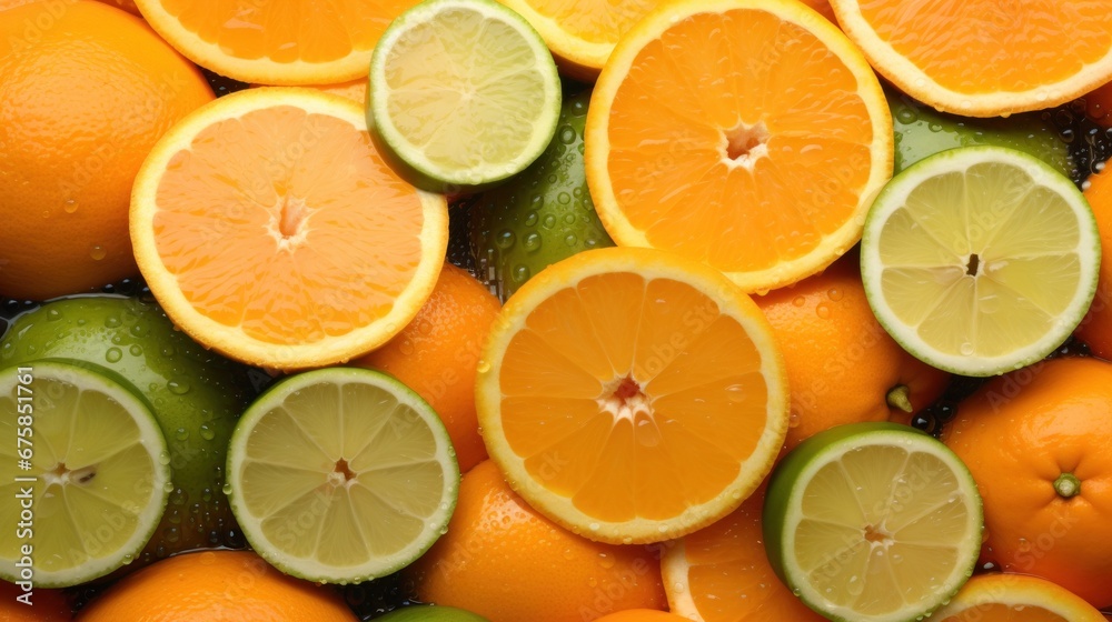 background of sliced oranges and limes, banner, poster background of sliced oranges and limes, banner, poster