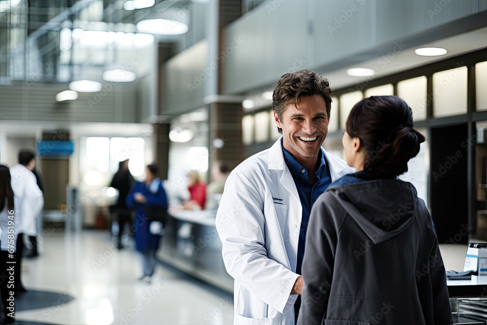 A smiling doctor and a healthcare professional in a clinical setting, showcasing expertise and teamwork.