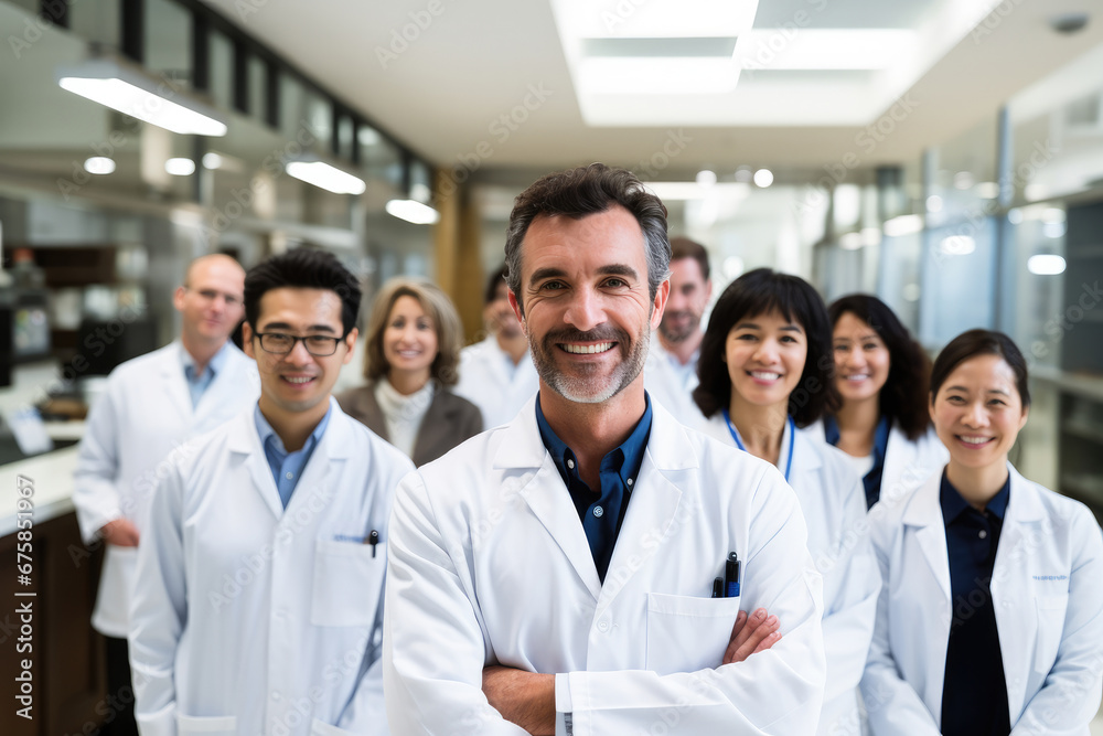 A diverse and smiling healthcare team in a hospital, showcasing expertise and teamwork across various medical professions. A diverse and smiling healthcare team in a hospital, showcasing expertise and teamwork across various medical professions.