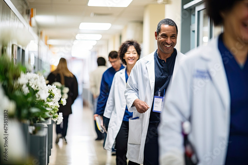 A diverse and cheerful medical team in a hospital corridor, showcasing expertise and teamwork with a touch of flowers.