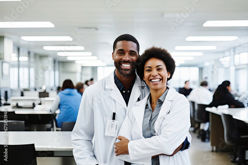 A diverse group of healthcare professionals in a hospital, smiling and working together with expertise.