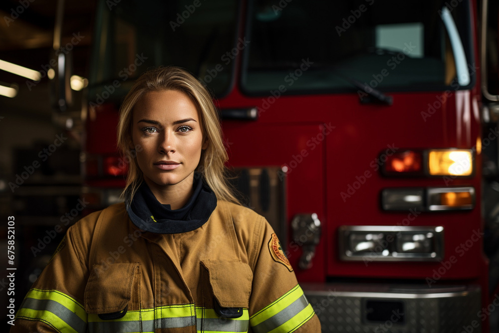 The portrait of a confident female firefighter in a safety uniform outfit stands near the red fire truck at the fire station. Generative AI. The portrait of a confident female firefighter in a safety uniform outfit stands near the red fire truck at the fire station. Generative AI.