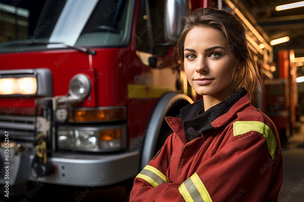 The portrait of a confident female firefighter in a safety uniform outfit stands near the red fire truck at the fire station. Generative AI. The portrait of a confident female firefighter in a safety uniform outfit stands near the red fire truck at the fire station. Generative AI.