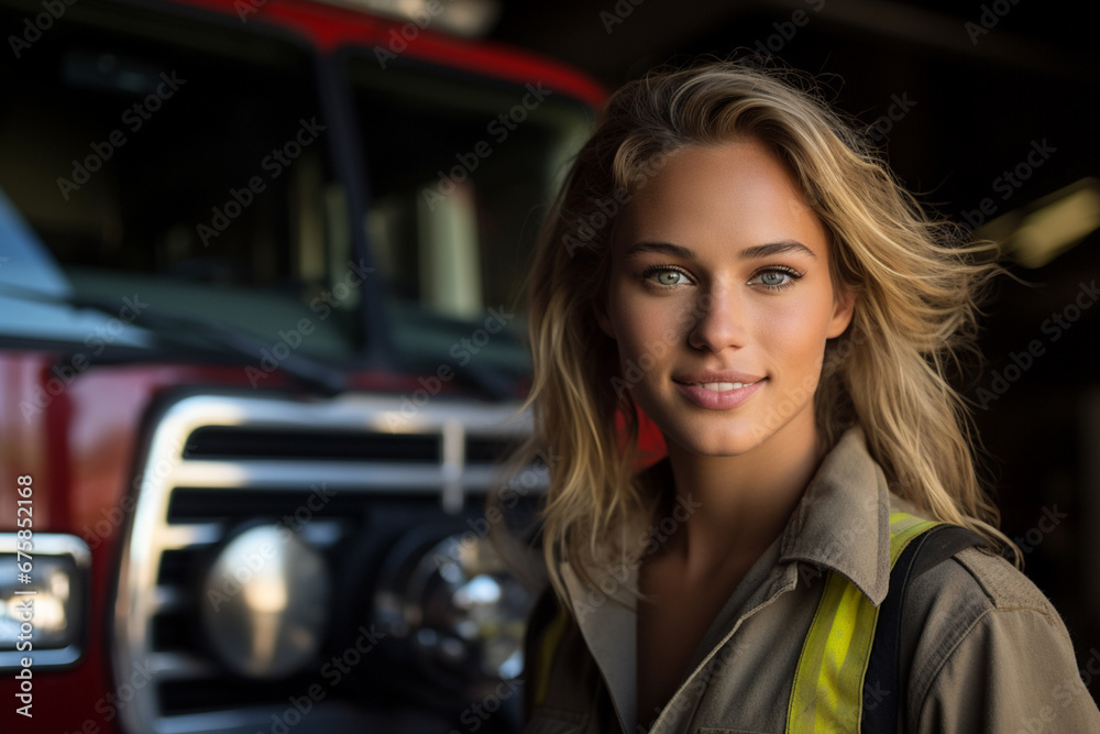 The portrait of a confident female firefighter in a safety uniform outfit stands near the red fire truck at the fire station. Generative AI. The portrait of a confident female firefighter in a safety uniform outfit stands near the red fire truck at the fire station. Generative AI.
