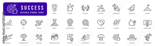 Success line icons set. Business icons win, trophy, reward, award, goal, star etc. Editable stroke