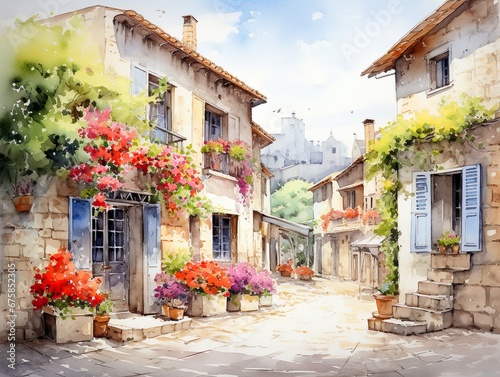 Provence streets with windows and houses and flowers in watercolor style photo