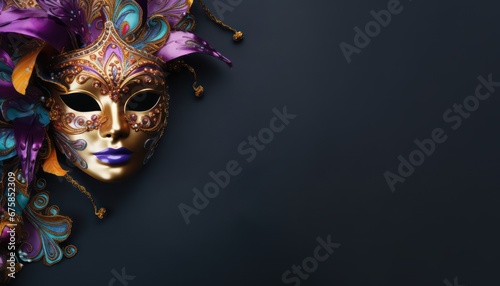 luxurious modern carnival mask golden texture navy blue , background with copy space 