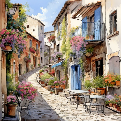 Provence streets with windows and houses and flowers in watercolor style