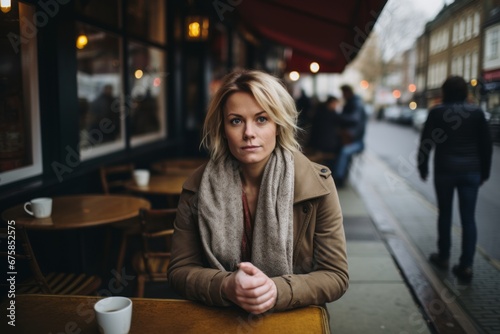 Portrait of a beautiful blonde girl in a cafe on the street