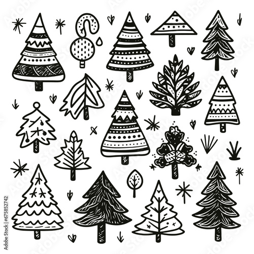 Vector black doodle christmas symbols clipart on white background