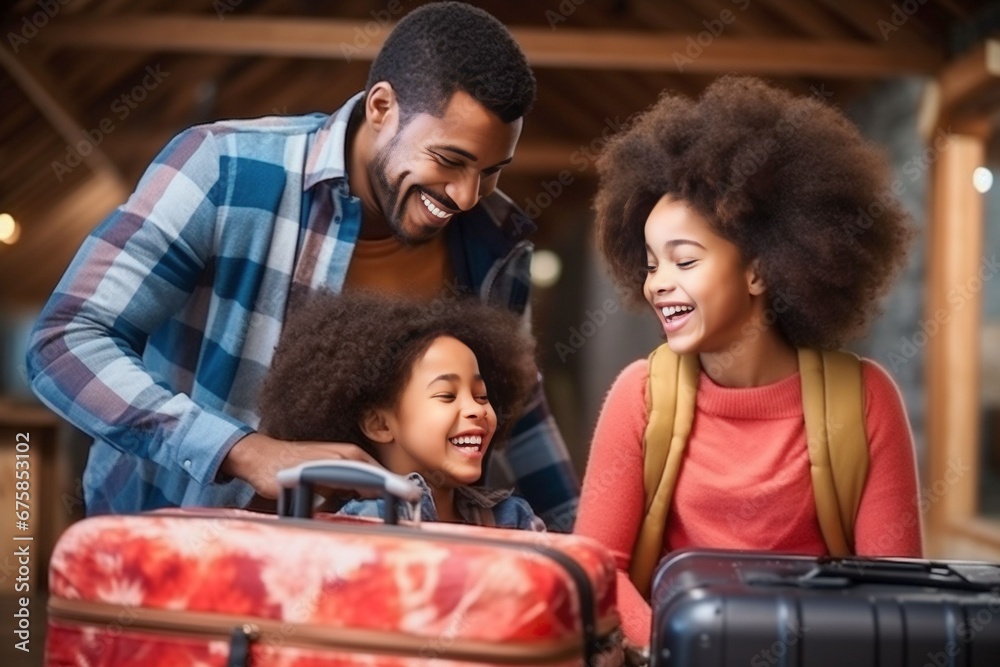 Young African family preparing luggage suitcases in hotel for travel vacation
