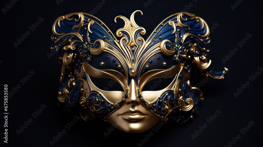  royal design of the carnival mask , gold with navy blue ,black background 