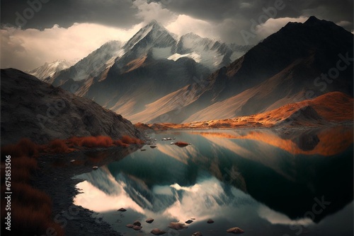 Hyper-realistic painting of a tranquil reflective lake in the mountains with dark clouds above