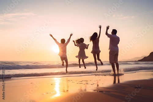 happy asian family having fun on the beach on vacation