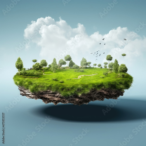 Floating land with sky and clound , Empty grass field flying isolated