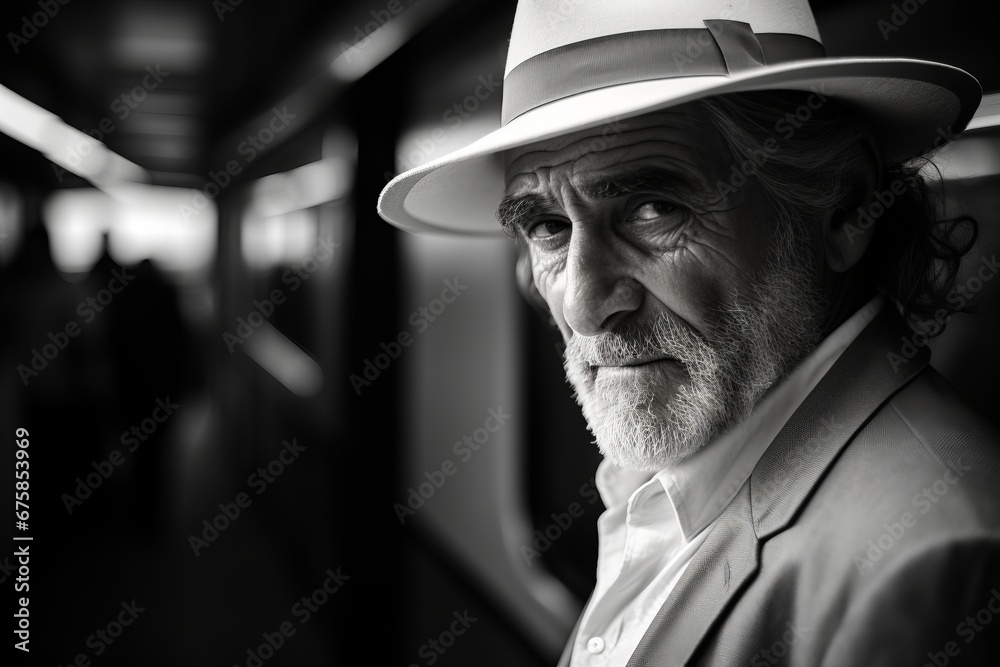 Portrait of a senior man in a train. Black and white. Portrait of a senior man in a train. Black and white.