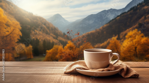 A cup of tea embraces the changing season, creating a harmonious blend with the autumn backdrop.