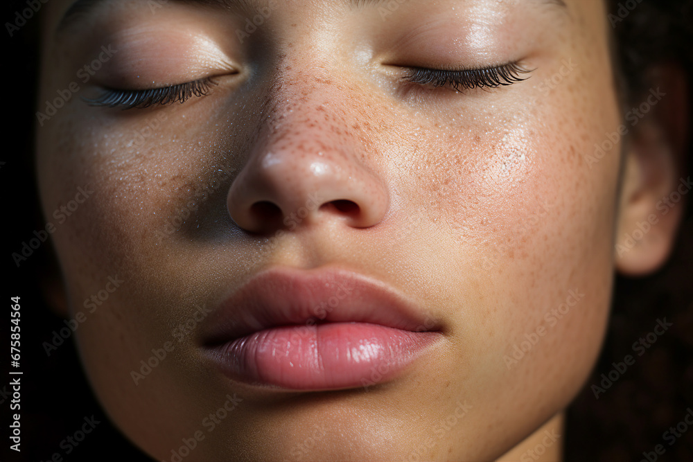 Fototapeta premium Generative AI closeup picture young curly attractive girl freckled face