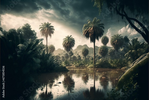 AI-generated illustration of a lake in a dark jungle on a rainy day