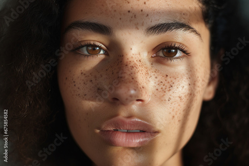 Generative AI closeup picture young curly attractive girl freckled face