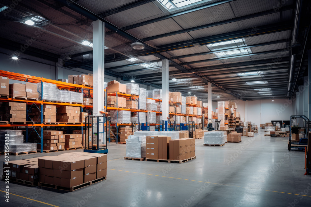 Rows of shelves with boxes in modern warehouse. Industrial warehouse interior. Rows of shelves with boxes in modern warehouse. Industrial warehouse interior.