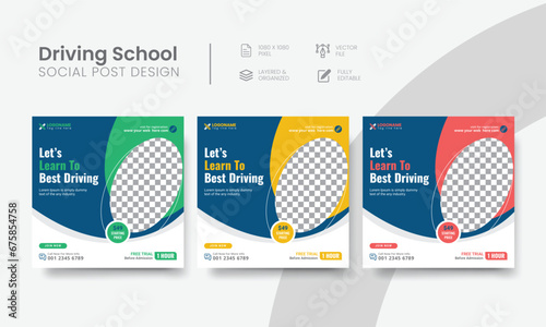 Driving school social media post for marketing web banner ads. Editable vehicle driving school suitable social layout template for advertising square online flyer. Vol - 23