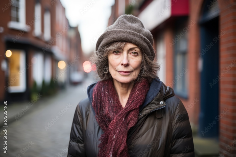 Portrait of a senior woman in a hat and scarf on a city street