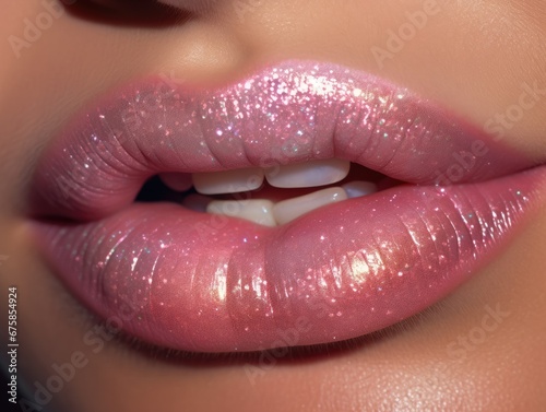 close up of a girls lips, wearing lipstick and glitter