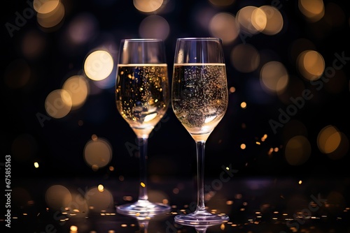 Two glasses of champagne on dark purple background with lights bokeh, glitter and sparks. Christmas celebration concept with space for text
