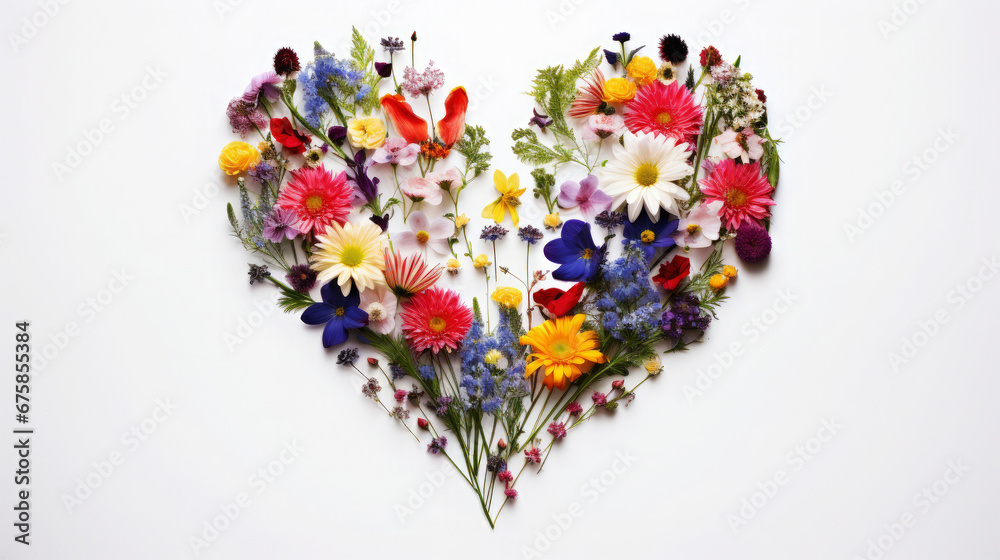 Valentine's Day, love, celebration, valentines day, wedding, different colored flowers formed a whole heart isolated on white background, greeting card Valentine's Day, love, celebration, valentines day, wedding, different colored flowers formed a whole heart isolated on white background, greeting card