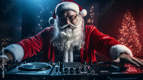 A lively Christmas party featuring Santa Claus as the DJ in a festive outfit, mixing tracks on a DJ mixer 