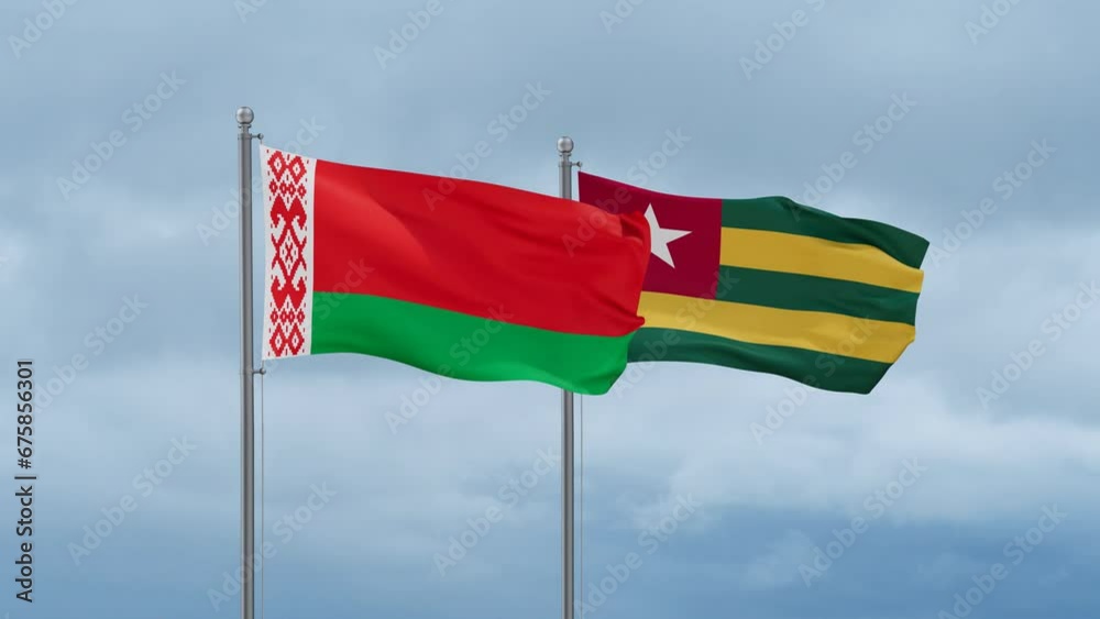Togo, Togolese Republic and Belarus flag waving together on cloudy sky, endless seamless loop, two country cooperation concept Togo, Togolese Republic and Belarus flag waving together on cloudy sky, endless seamless loop, two country cooperation concept