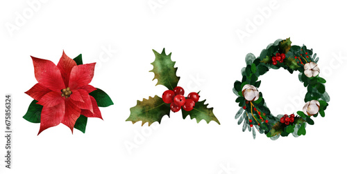 Winter watercolor plants and wreath, Vector Christmas illustrations. Cozy Watercolor clip art elements, ready to print. Perfect for invitation, card, poster, banner, decorations