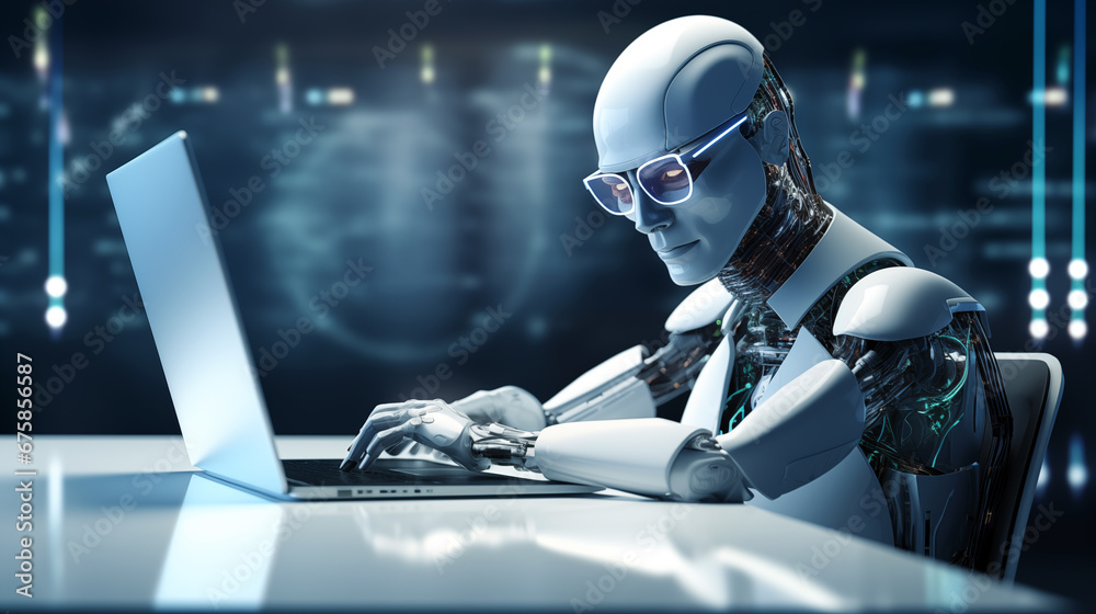 Humanoid AI robot engaged in work on a modern laptop. Humanoid AI robot engaged in work on a modern laptop.