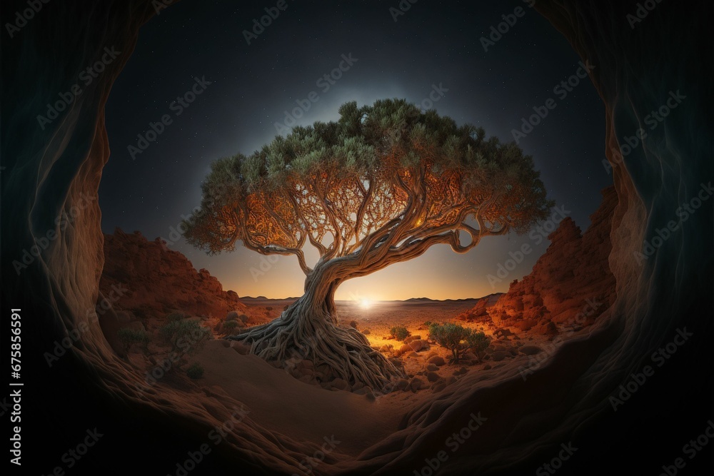 AI-generated illustration of a fantasy landscape with an illuminated tree in a desert at sunset