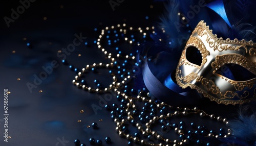 venetian carnival mask, blue with gold texture and feather decoration ,closeup 
