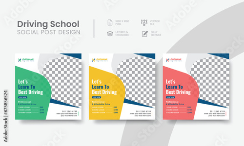 Driving school social media post for marketing web banner ads. Editable vehicle driving school suitable social layout template for advertising square online flyer. Vol - 26