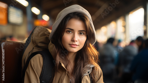 Young Asian woman wearing a hooded coat and a backpack, suggesting she's on a journey. She's seated at a train station