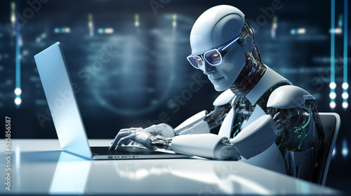 Humanoid AI robot engaged in work on a modern laptop.