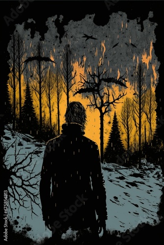 AI generated illustration of a silhouette of a person looking at a burning forest at night