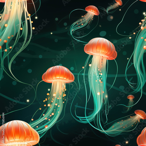 Jellyfish cartoon repeat pattern  underwater sea life background
