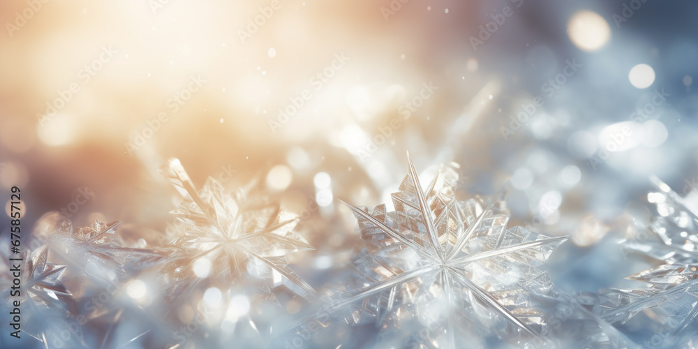 Abstract Magic Winter Snowflake. Landscape Background with Snow, Snowflakes  and Gold, Bokeh Lights - Banner, Panorama, Glamour. Glistering Blue and Gold colour.  - obrazy, fototapety, plakaty 