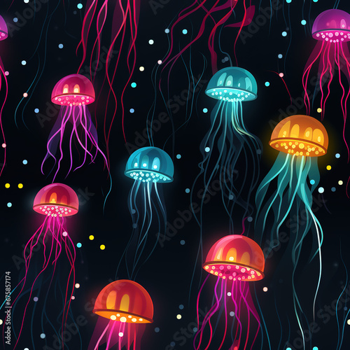 Jellyfish cartoon repeat pattern, underwater sea life background