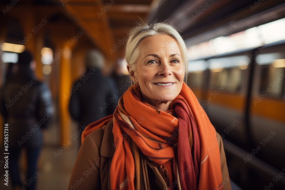 Portrait of smiling mature woman with scarf in train station. Focus on woman