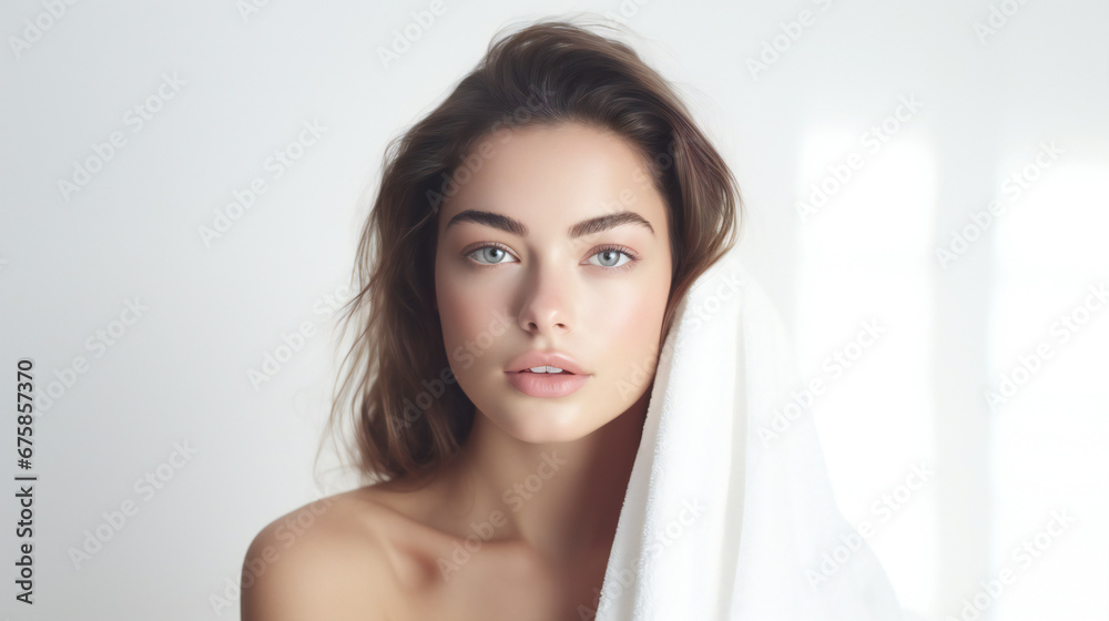 Attractive woman face in towel on white flat background Attractive woman face in towel on white flat background