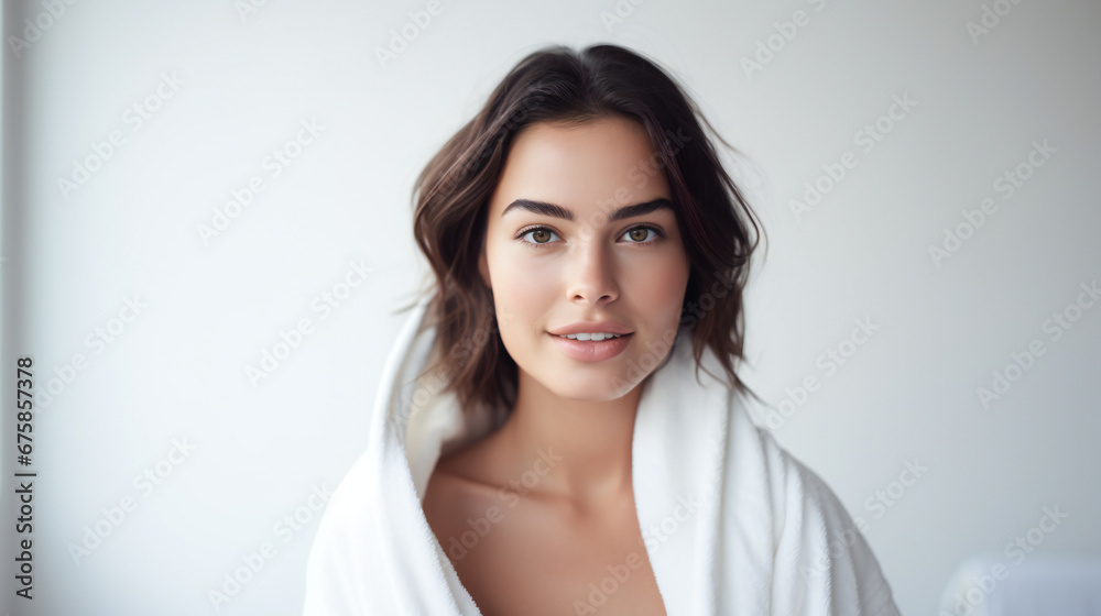 Attractive woman face in towel on white flat background Attractive woman face in towel on white flat background