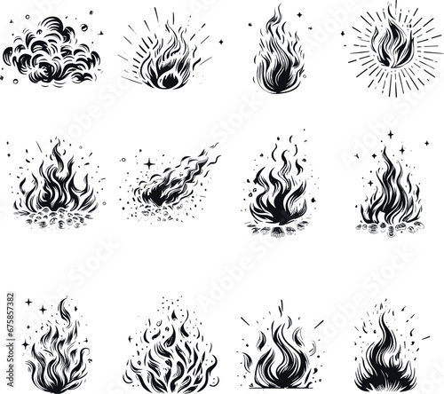 set of black and white fire elements