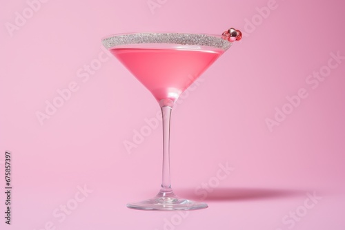 Crystal glass of rose champagne with bubbles on pink background. Summer alcohol cocktail with pink wine. Valentine's day greeting card. Creative minimal concept for holiday, celebration, party