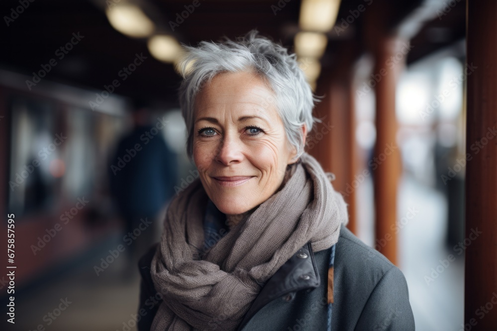 Portrait of senior woman with grey hair and scarf in the city Portrait of senior woman with grey hair and scarf in the city