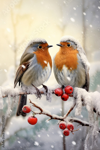 Abstract Magic Whimsical Winter Landscape with Snow, Rouge-gorge, Robins, and Red Berries  - Banner, Panorama, Cute Pair in Snowing Daylight. © PEPPERPOT